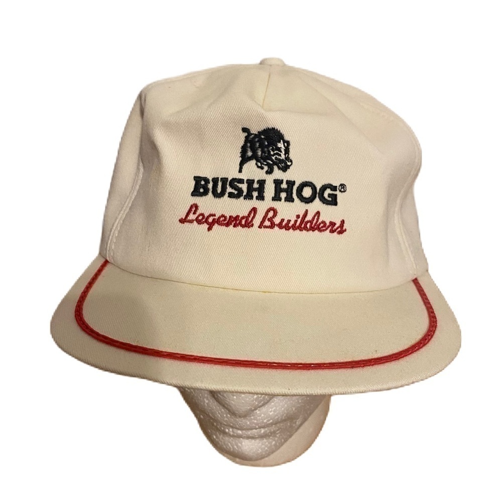 Vintage Bush Hog Legend Builders K Products Snap Back Hat Cream Ivory Red Stripe